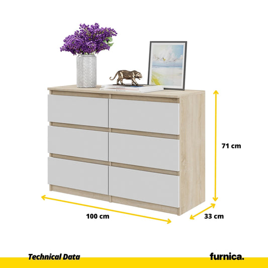 GABRIEL - Cómoda de 6 cajones - Armario de almacenamiento para el dormitorio - Aparador - Roble Sonoma / Blanco - A71cm A100cm P33cm