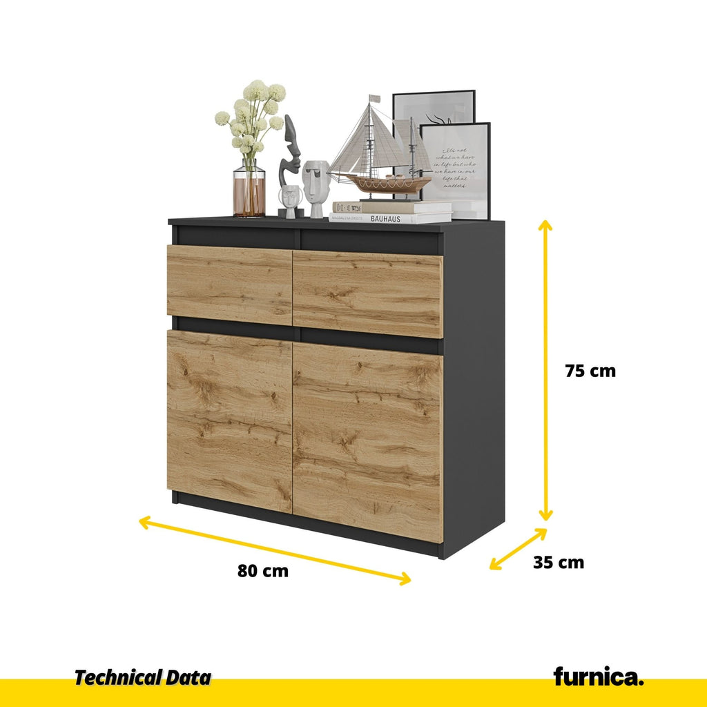 NOAH - Cómoda de 2 cajones y 2 puertas - Armario de almacenamiento para dormitorio - Aparador - Antracita / Roble Wotan - A75cm A80cm P35cm