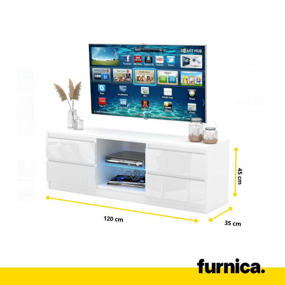 MARCO - Mueble TV con 4 cajones y 1 estante de vidrio - A45cm A120cm P35cm - Blanco Mate / Blanco Brillante