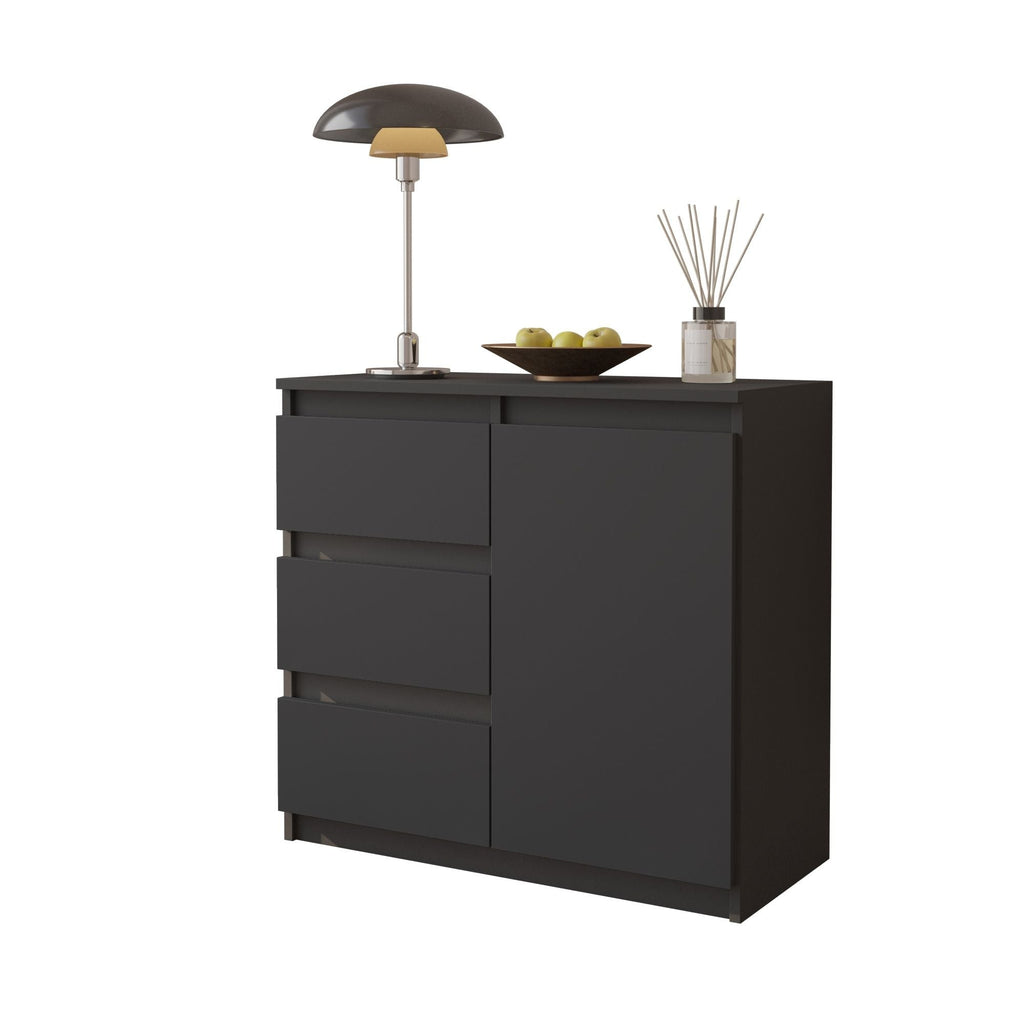 MIKEL - Cómoda de 3 cajones y 1 puerta - Armario de almacenamiento para dormitorio - Aparador - Antracita / Negro Brillante - A75cm A80cm P35cm