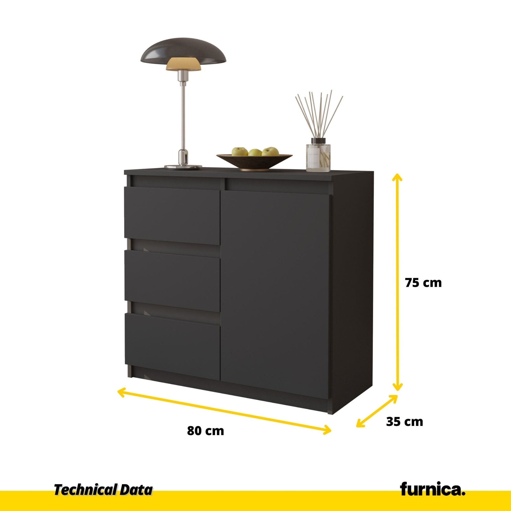 MIKEL - Cómoda de 3 cajones y 1 puerta - Armario de almacenamiento para el dormitorio - Aparador - Antracita - A75cm (2)