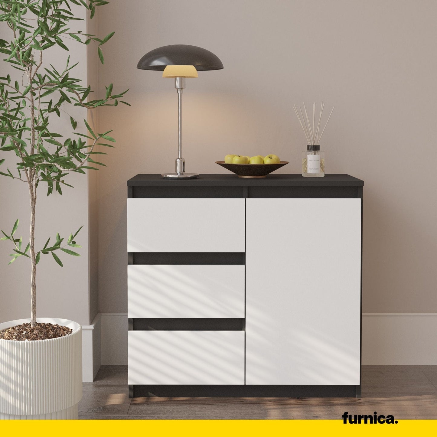 MIKEL - Cómoda de 3 cajones y 1 puerta - Armario de almacenamiento para dormitorio - Aparador - Antracita / Blanco Mate (3)