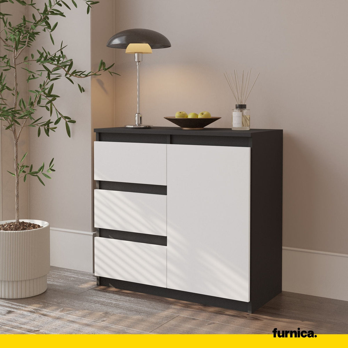 MIKEL - Cómoda de 3 cajones y 1 puerta - Armario de almacenamiento para dormitorio - Aparador - Antracita / Blanco Mate (4)