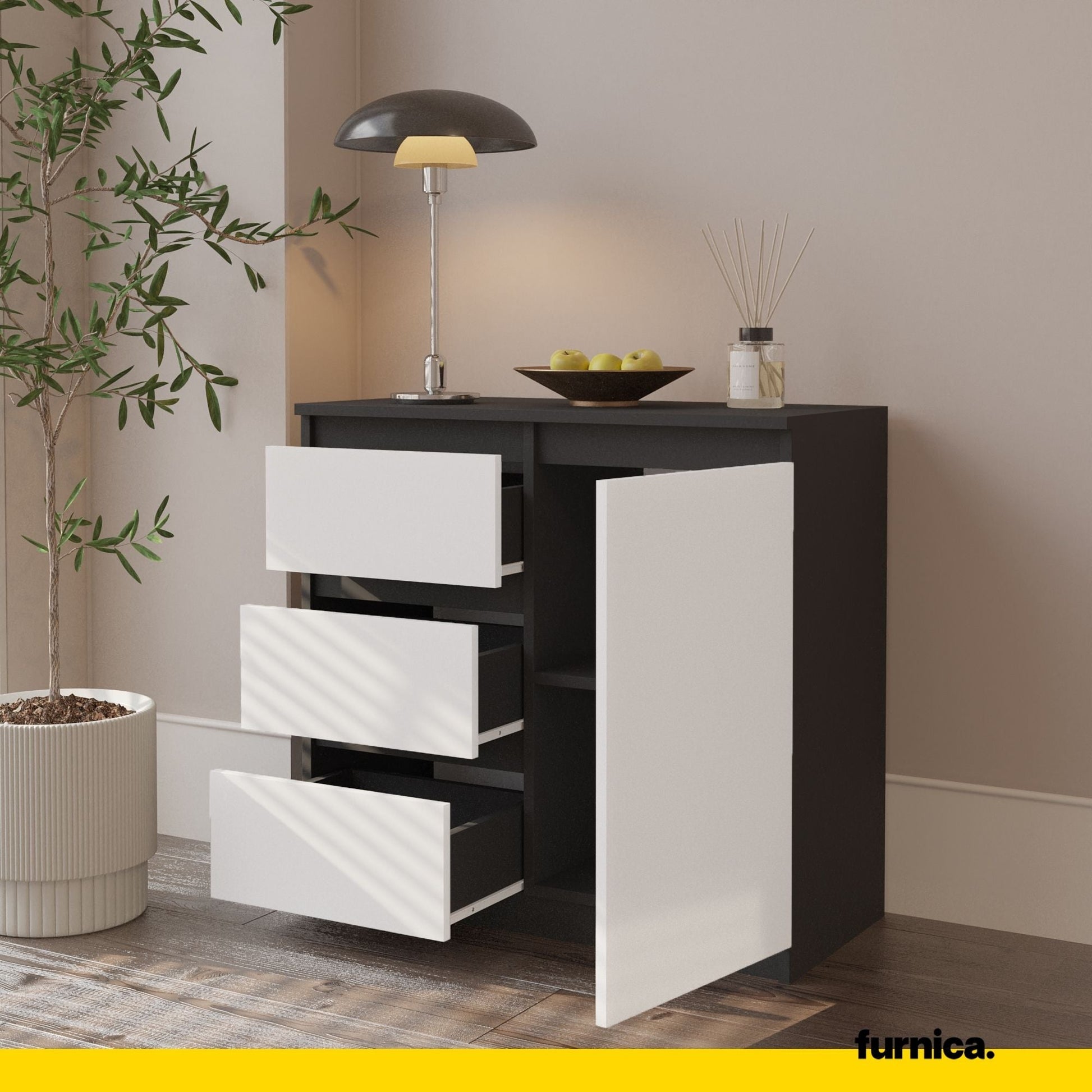 MIKEL - Cómoda de 3 cajones y 1 puerta - Armario de almacenamiento para dormitorio - Aparador - Antracita / Blanco Mate (5)