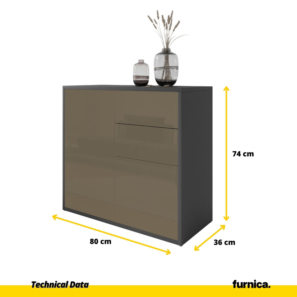 CAMILLE - Aparador de empuje para abrir con 2 puertas y 2 cajones - Antracita / Capuchino brillante H74cm W80cm D36cm