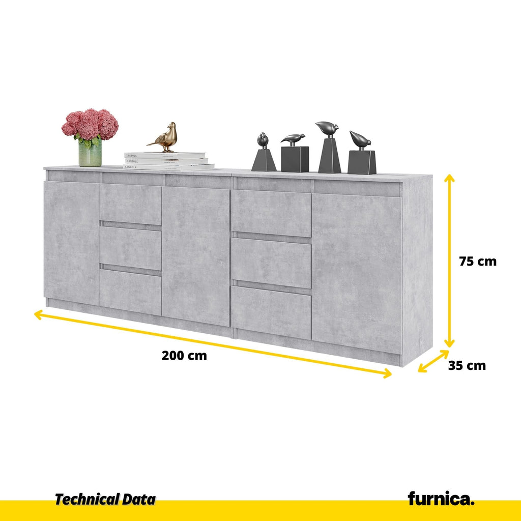 MIKEL - Cómoda de 6 cajones y 3 puertas - Armario de almacenamiento para el dormitorio - Aparador - Hormigón - A75cm A200cm P35cm