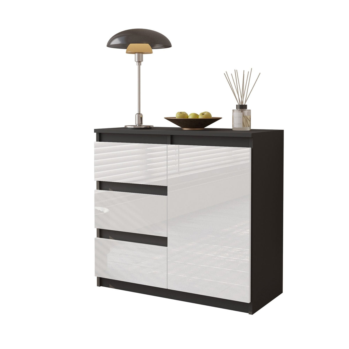 MIKEL - Cómoda de 3 cajones y 1 puerta - Armario de almacenamiento para dormitorio - Aparador - Antracita / Blanco Brillante