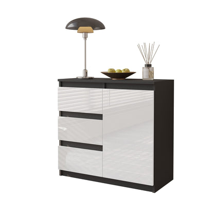 MIKEL - Cómoda de 3 cajones y 1 puerta - Armario de almacenamiento para dormitorio - Aparador - Antracita / Blanco Brillante