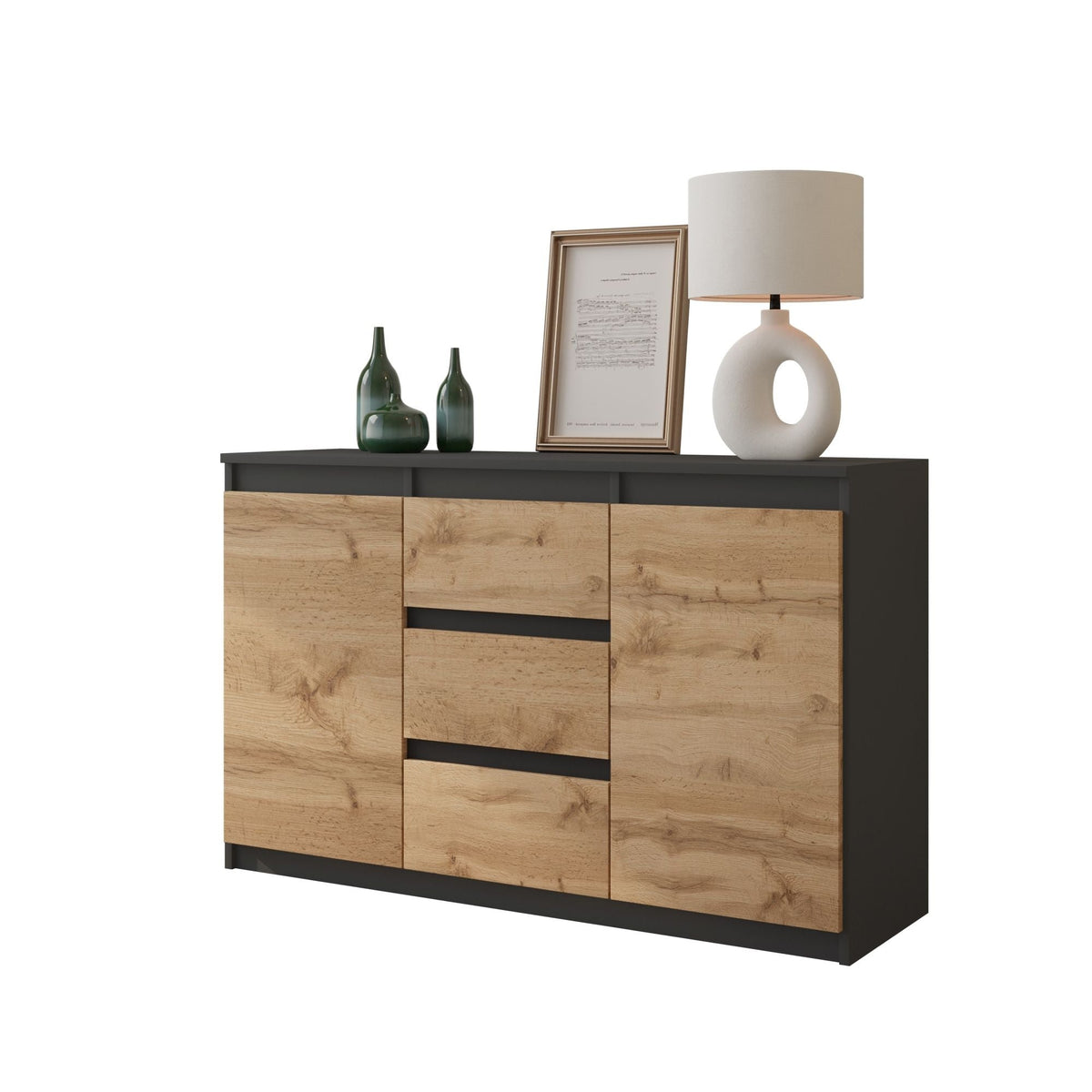 MIKEL - Cómoda de 3 cajones y 2 puertas - Armario de almacenamiento para dormitorio - Aparador - Antracita / Roble Wotan -