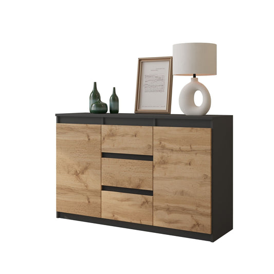 MIKEL - Cómoda de 3 cajones y 2 puertas - Armario de almacenamiento para dormitorio - Aparador - Antracita / Roble Wotan -