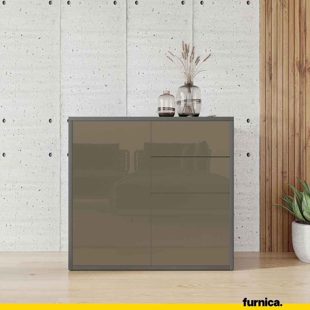 CAMILLE - Aparador de empuje para abrir con 2 puertas y 2 cajones - Antracita / Capuchino brillante H74cm W80cm D36cm