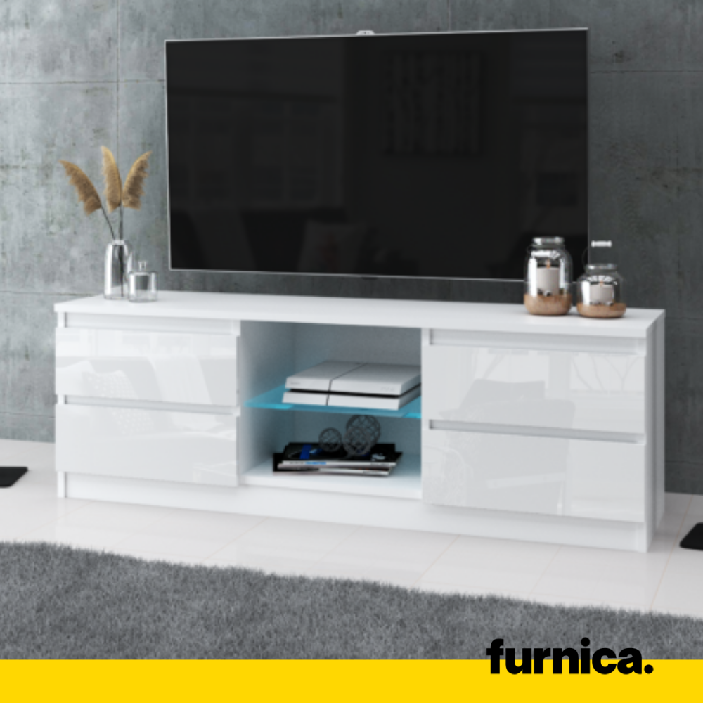 MARCO - Mueble TV con 4 cajones y 1 estante de vidrio - A45cm A120cm P35cm - Blanco Mate / Blanco Brillante