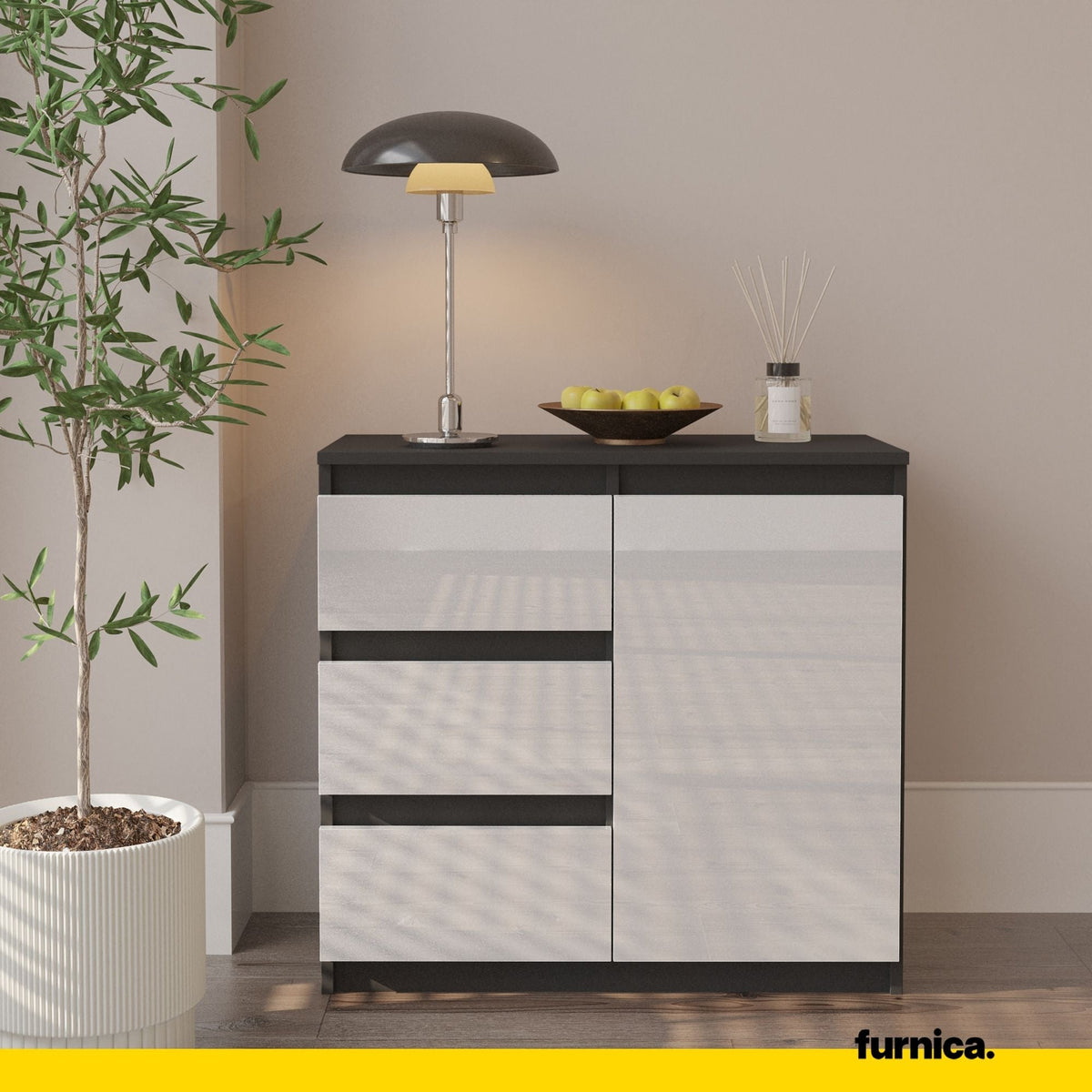 MIKEL - Cómoda de 3 cajones y 1 puerta - Armario de almacenamiento para dormitorio - Aparador - Antracita / Blanco (3)