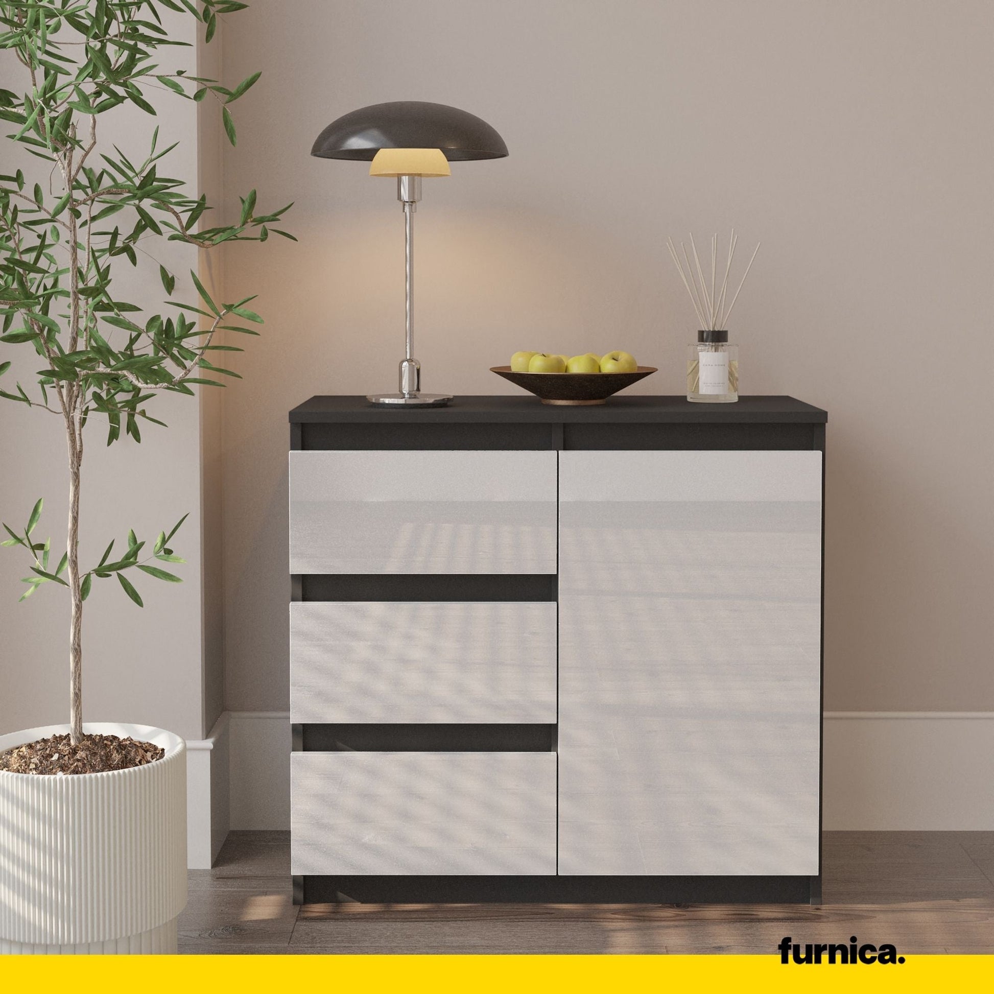MIKEL - Cómoda de 3 cajones y 1 puerta - Armario de almacenamiento para dormitorio - Aparador - Antracita / Blanco (3)