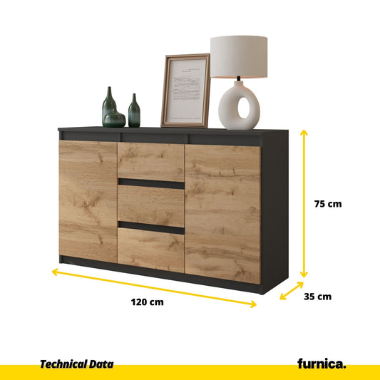 MIKEL - Cómoda de 3 cajones y 2 puertas - Armario de almacenamiento para dormitorio - Aparador - Antracita / Roble Wotan (2)