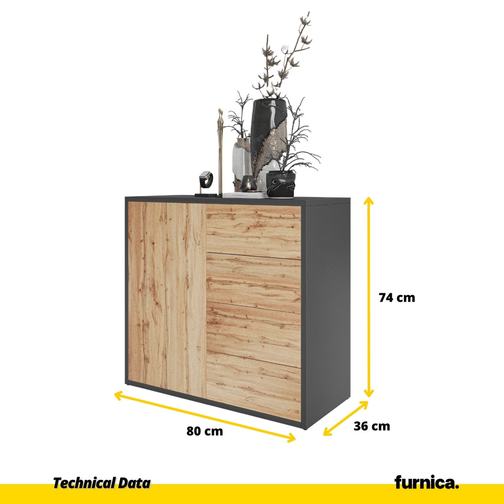 CAMILLE - Aparador con puerta y 4 cajones de apertura push to open - Antracita / Roble Wotan H74cm W80cm D36cm