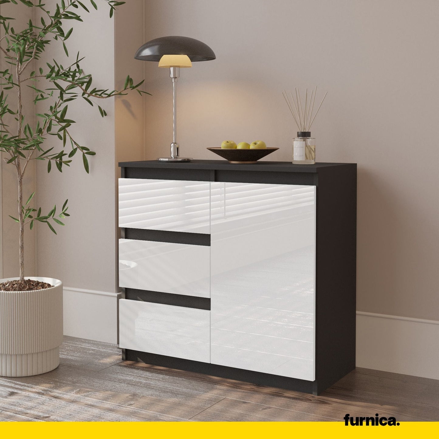 MIKEL - Cómoda de 3 cajones y 1 puerta - Armario de almacenamiento para dormitorio - Aparador - Antracita / Blanco (4)
