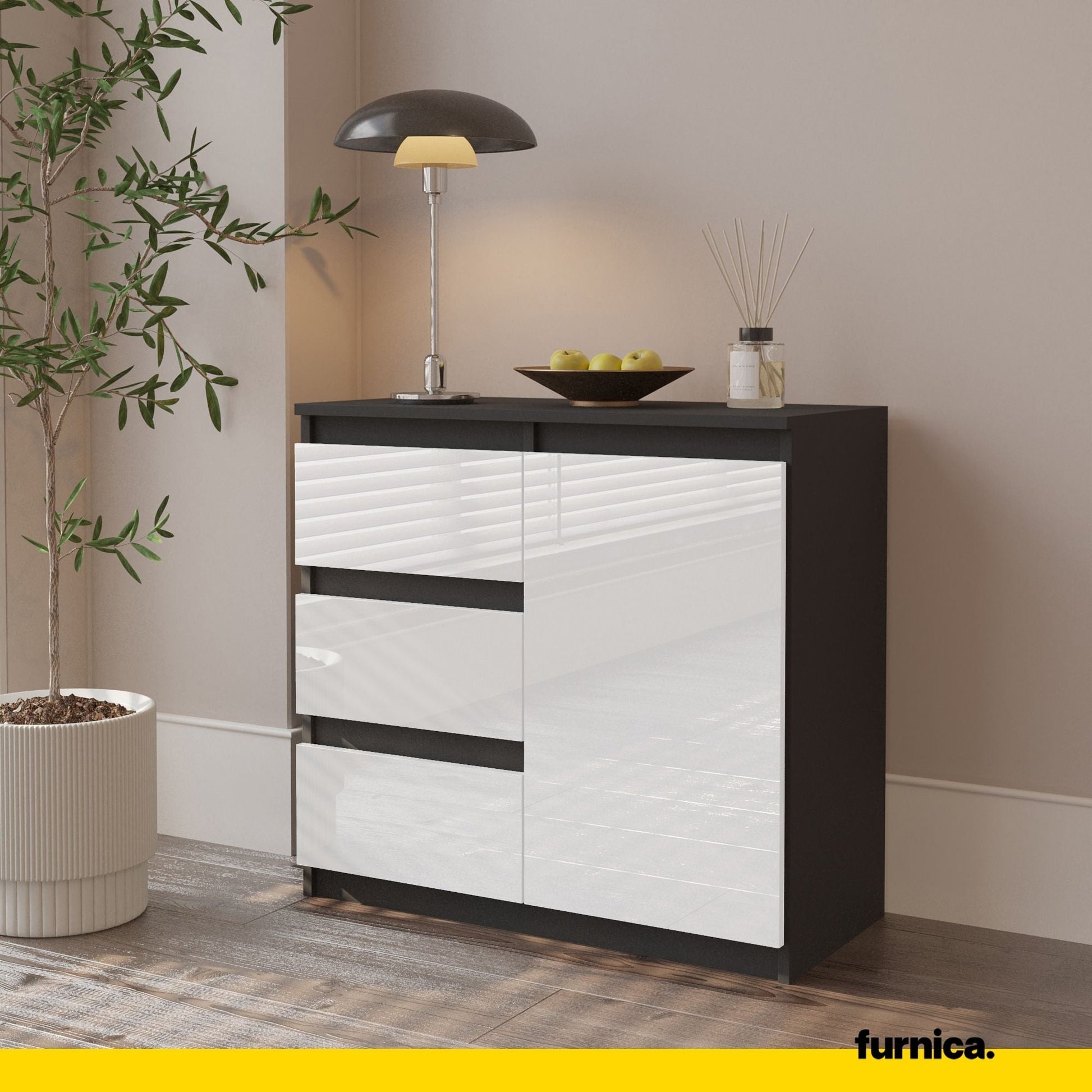MIKEL - Cómoda de 3 cajones y 1 puerta - Armario de almacenamiento para dormitorio - Aparador - Antracita / Blanco (4)