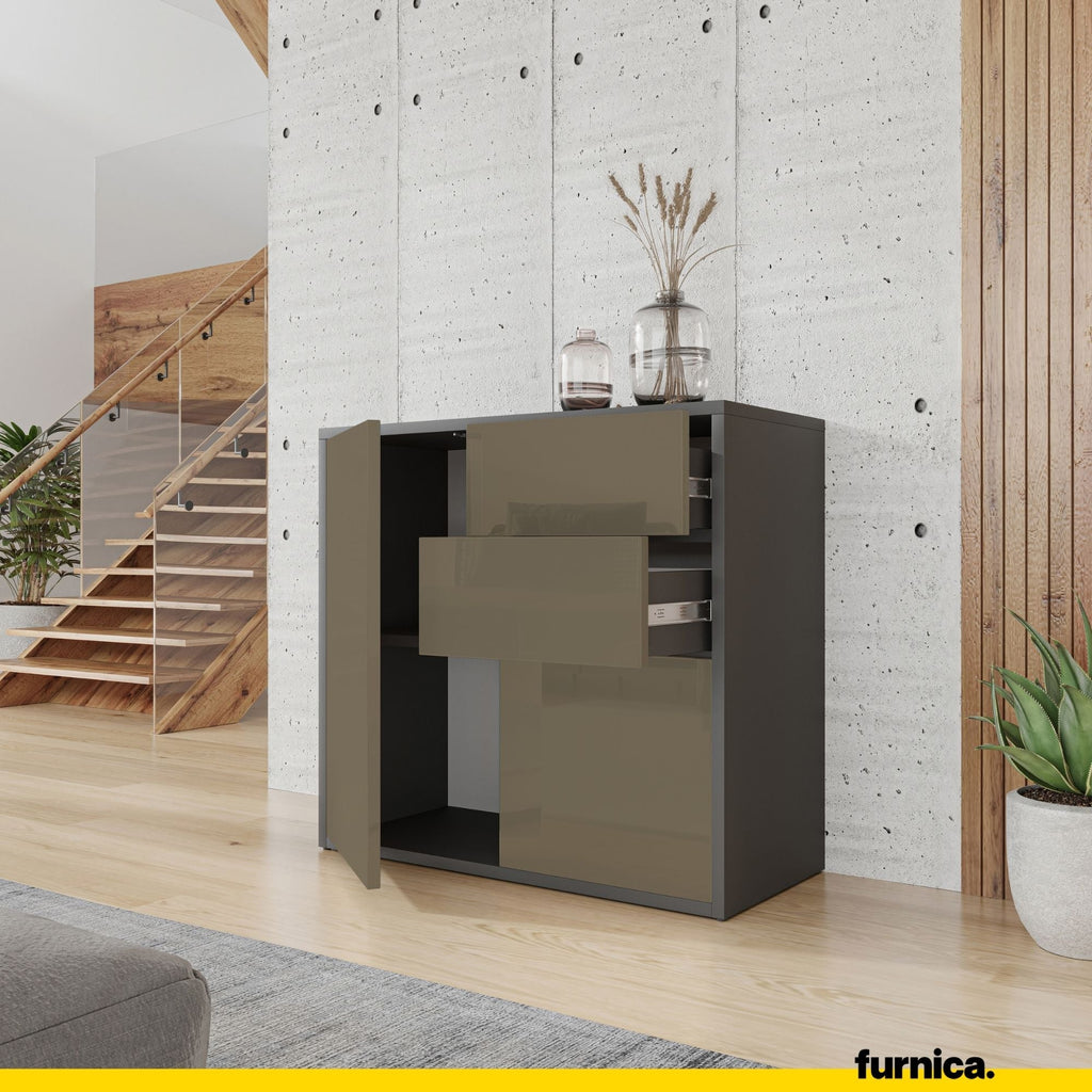 CAMILLE - Aparador de empuje para abrir con 2 puertas y 2 cajones - Antracita / Capuchino brillante H74cm W80cm D36cm