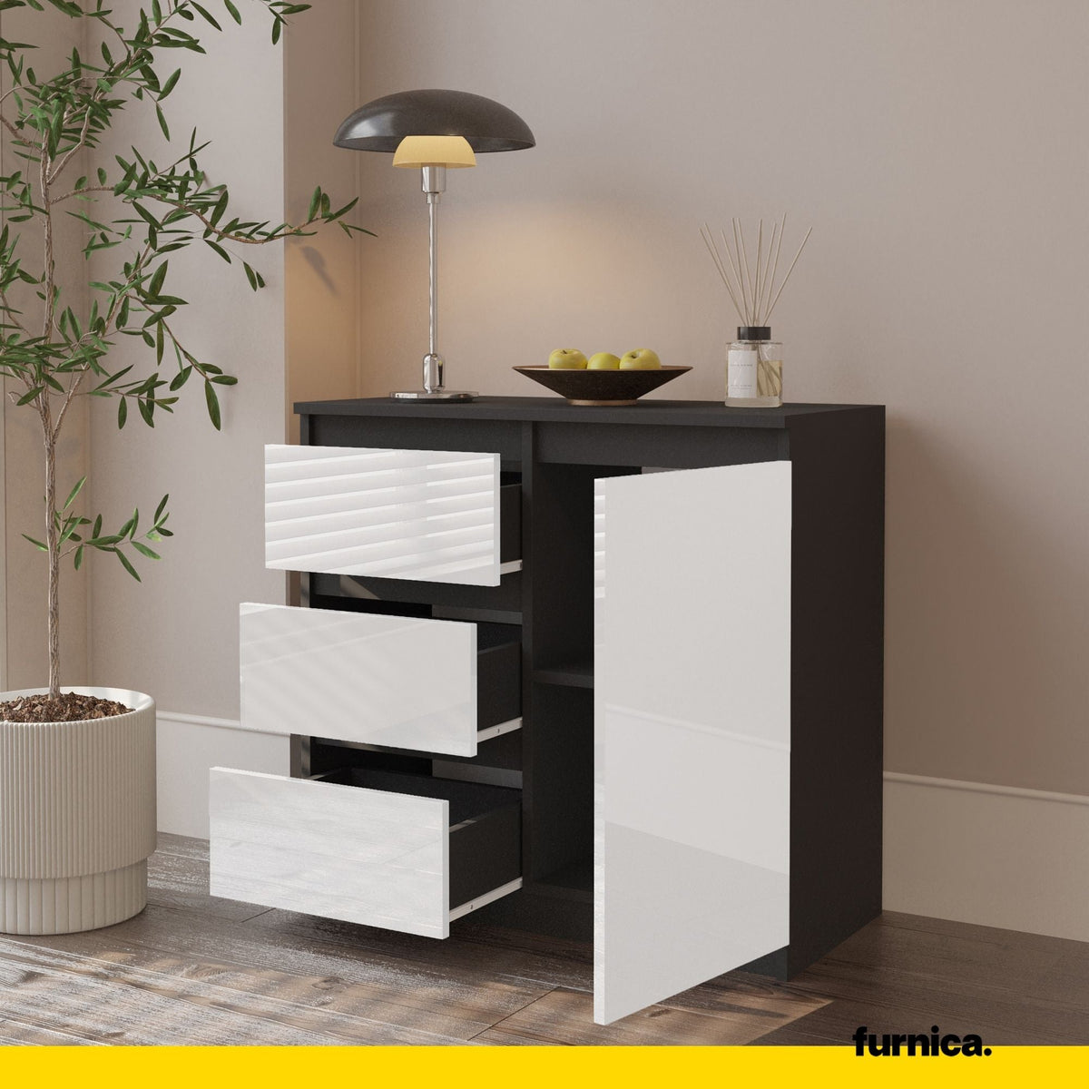 MIKEL - Cómoda de 3 cajones y 1 puerta - Armario de almacenamiento para dormitorio - Aparador - Antracita / Blanco (5)
