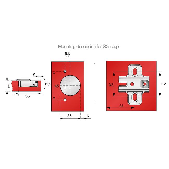 Bisagra angular de 135º, placa de montaje H2 con tornillos EURO, puertas de esquina (7) – Furnica