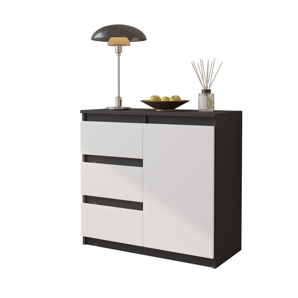 MIKEL - Cómoda de 3 cajones y 1 puerta - Armario de almacenamiento para dormitorio - Aparador - Antracita / Negro Brillante - A75cm A80cm P35cm