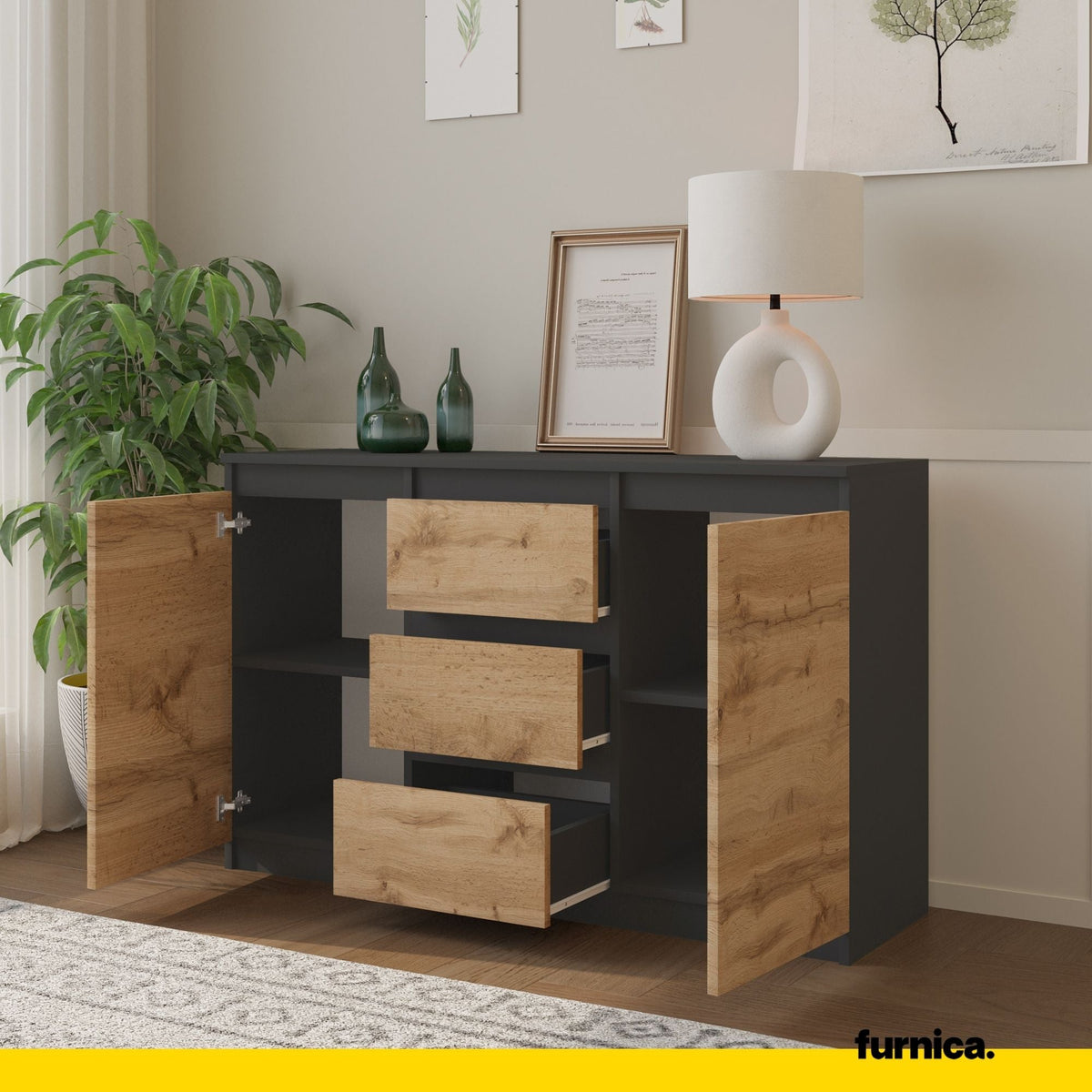 MIKEL - Cómoda de 3 cajones y 2 puertas - Armario de almacenamiento para dormitorio - Aparador - Antracita / Roble Wotan (5)