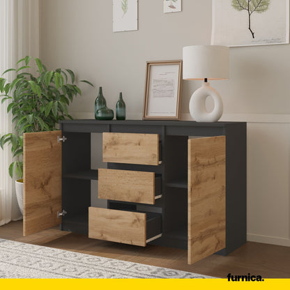 MIKEL - Cómoda de 3 cajones y 2 puertas - Armario de almacenamiento para dormitorio - Aparador - Antracita / Roble Wotan (5)