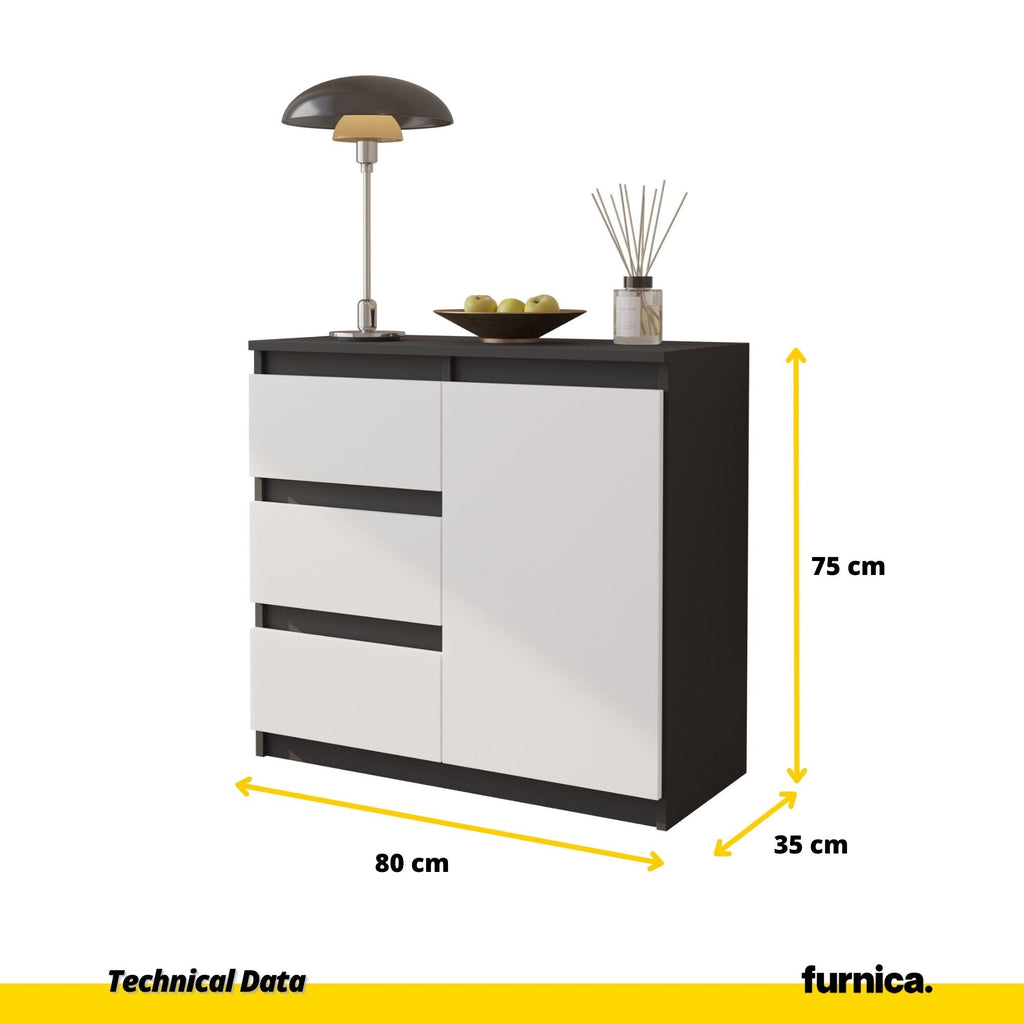 MIKEL - Cómoda de 3 cajones y 1 puerta - Armario de almacenamiento para dormitorio - Aparador - Antracita / Blanco Mate - A75cm A80cm P35cm