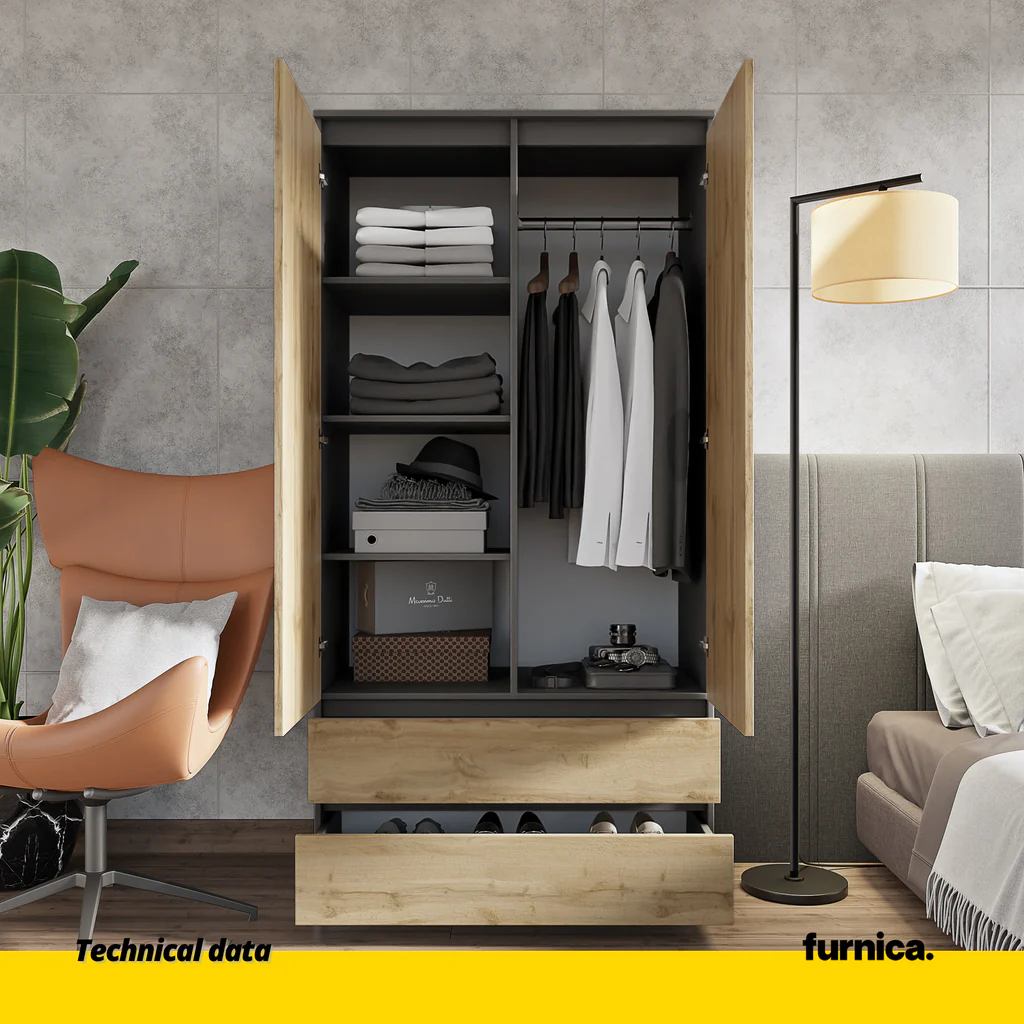 JOELLE - Armario de 2 puertas con 2 cajones - Antracita / Roble Wotan - A180cm A90cm P50cm (4) – Furnica