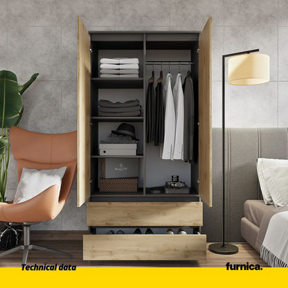 JOELLE - Armario de 2 puertas con 2 cajones - Antracita / Roble Wotan - A180cm A90cm P50cm (4) – Furnica