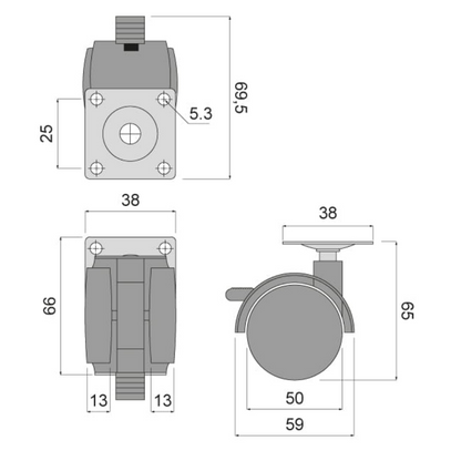Rueda giratoria de plástico para muebles con freno y placa de montaje Ø50mm. (2) – Furnica