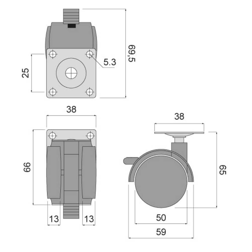 Rueda giratoria de plástico para muebles con freno y placa de montaje Ø50mm.