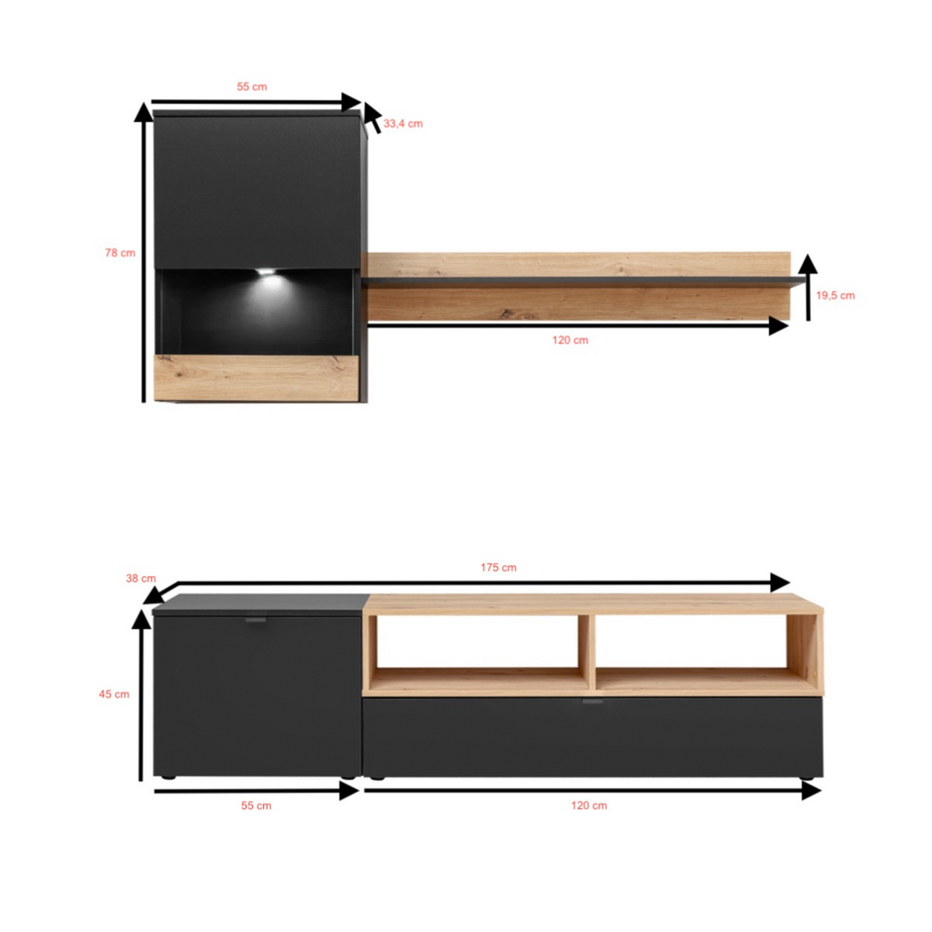 Unidad de pared MINI - Conjunto de muebles de salón - Negro Mate / Roble Artesanal