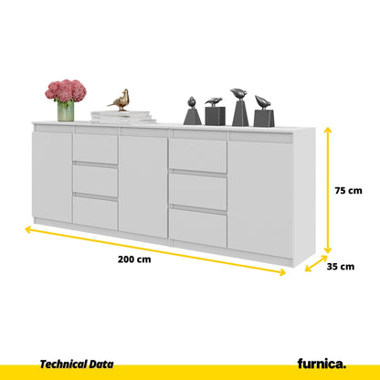 MIKEL - Cómoda de 6 cajones y 3 puertas - Armario de almacenamiento para dormitorio - Blanco Mate - A75cm A200cm P35cm (2)
