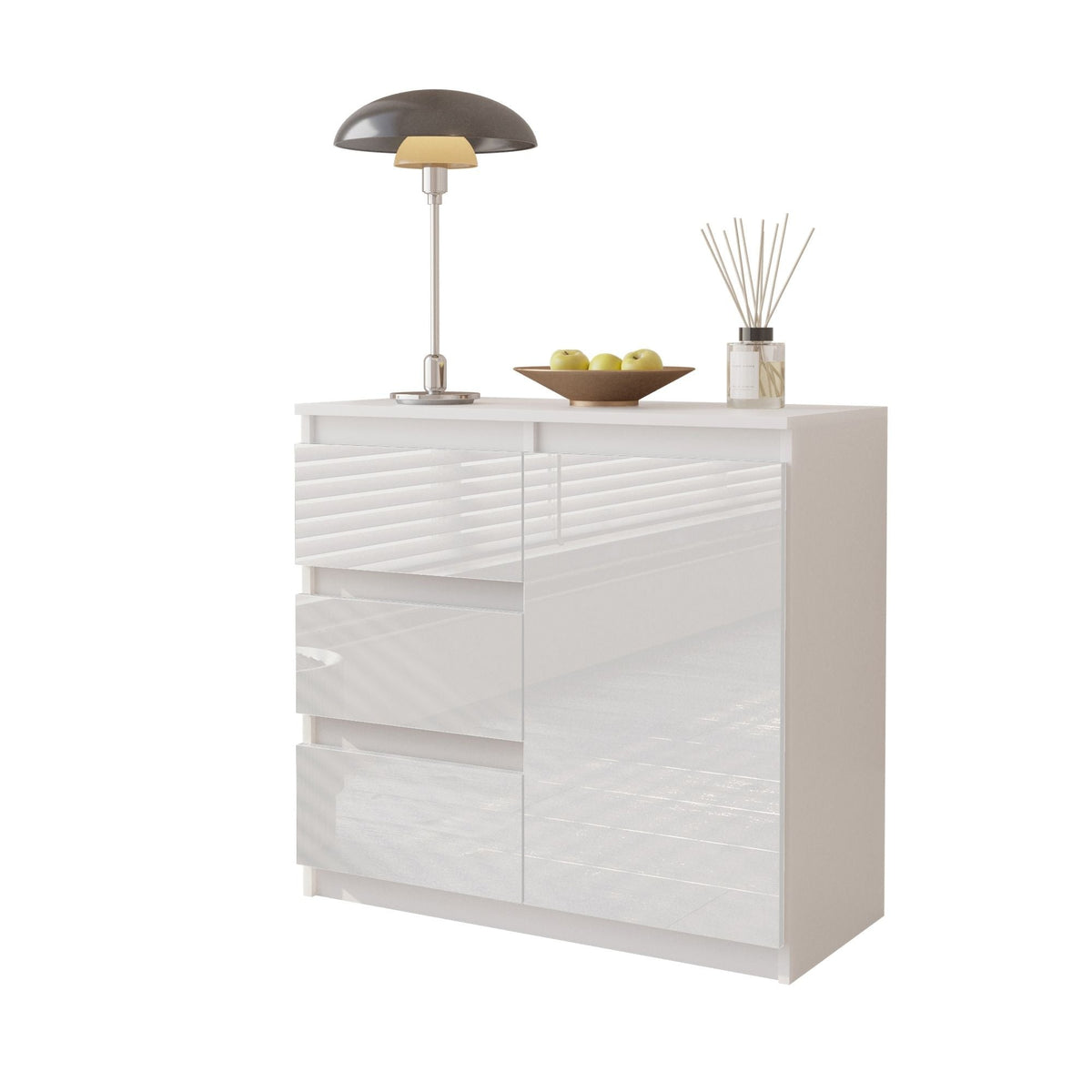 MIKEL - Cómoda de 3 cajones y 1 puerta - Armario de almacenamiento para dormitorio - Blanco Mate / Blanco Brillante - A75cm