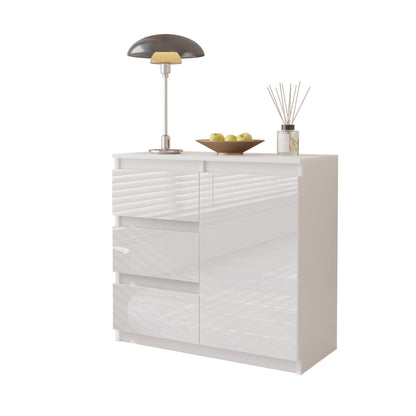 MIKEL - Cómoda de 3 cajones y 1 puerta - Armario de almacenamiento para dormitorio - Blanco Mate / Blanco Brillante - A75cm