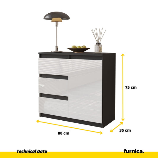 MIKEL - Cómoda de 3 cajones y 1 puerta - Armario de almacenamiento para dormitorio - Aparador - Antracita / Blanco Brillante - A75cm A80cm P35cm