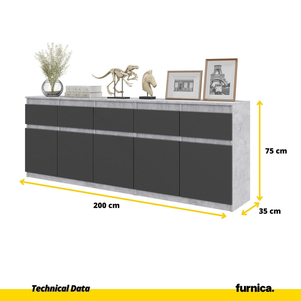 NOAH - Cómoda de 5 cajones y 5 puertas - Armario de almacenamiento para dormitorio - Hormigón / Antracita - A75cm A200cm P35cm