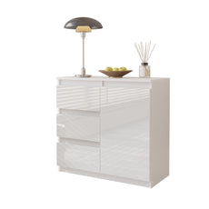 MIKEL - Cómoda de 3 cajones y 1 puerta - Armario de almacenamiento para dormitorio - Blanco Mate / Blanco Brillante - A75cm A80cm P35cm