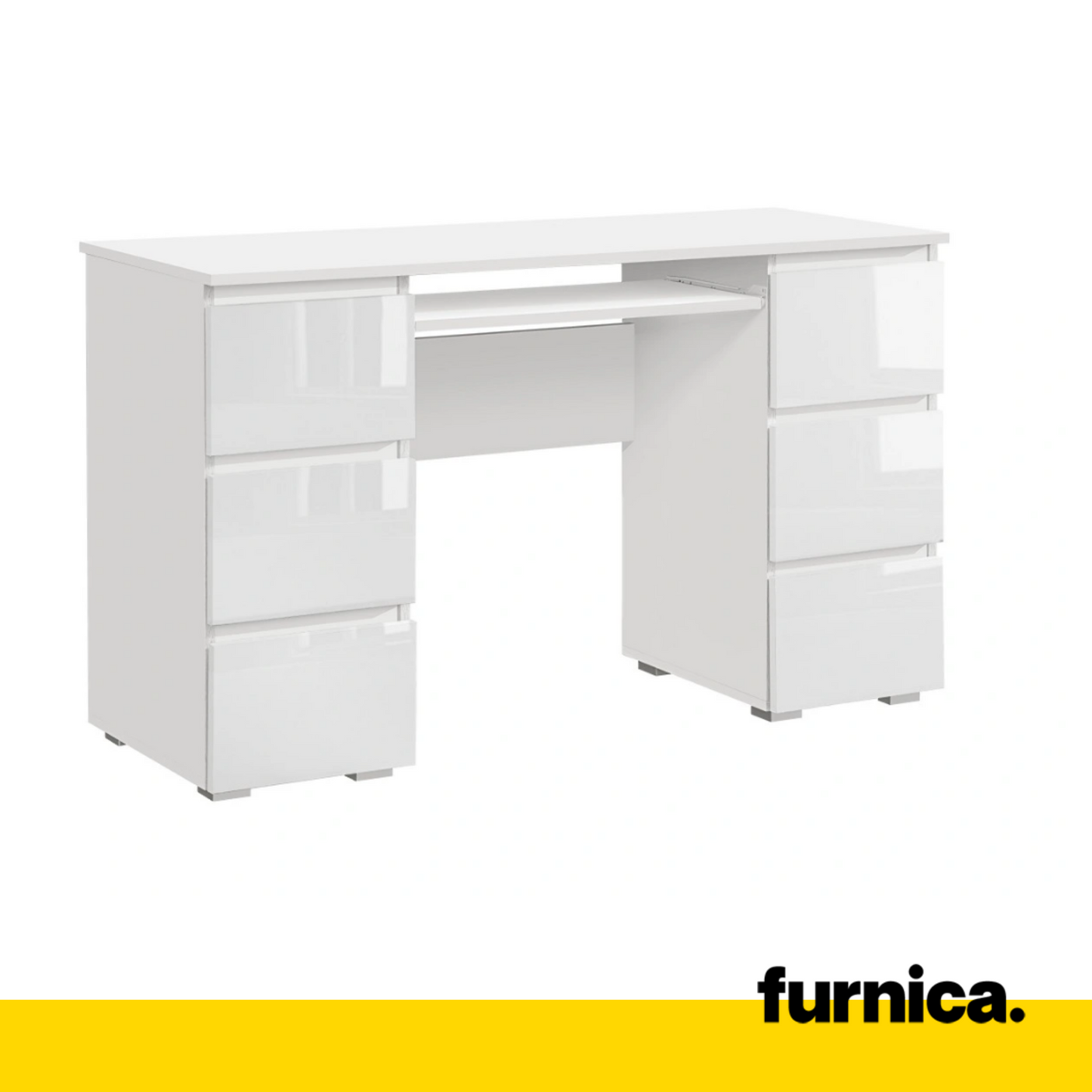 CUBA - Escritorio de computadora con 6 cajones de apertura push to open y bandeja para teclado A78cm A130cm P50cm - Blanco / Blanco Brillante