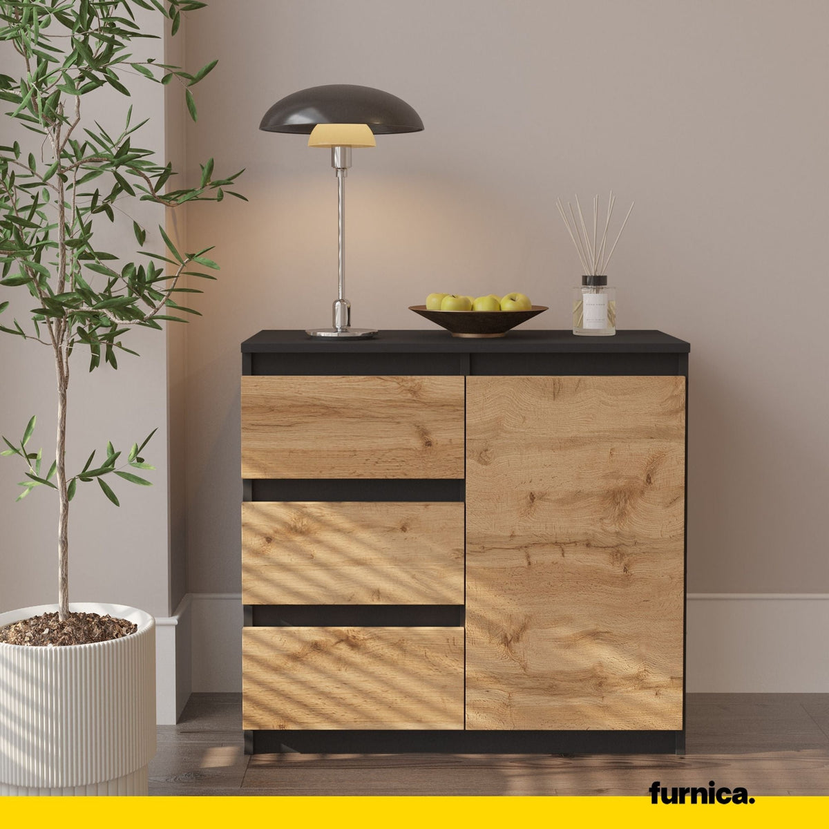 MIKEL - Cómoda de 3 cajones y 1 puerta - Armario de almacenamiento para dormitorio - Aparador - Antracita / Roble Wotan (3)