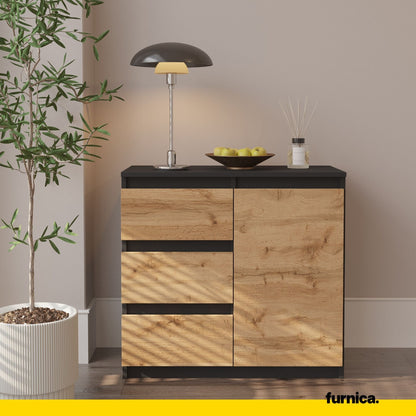 MIKEL - Cómoda de 3 cajones y 1 puerta - Armario de almacenamiento para dormitorio - Aparador - Antracita / Roble Wotan (3)