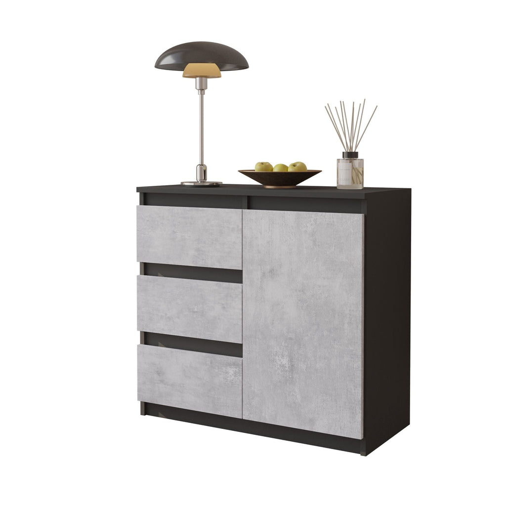 MIKEL - Cómoda de 3 cajones y 1 puerta - Armario de almacenamiento para dormitorio - Aparador - Antracita / Negro Brillante - A75cm A80cm P35cm