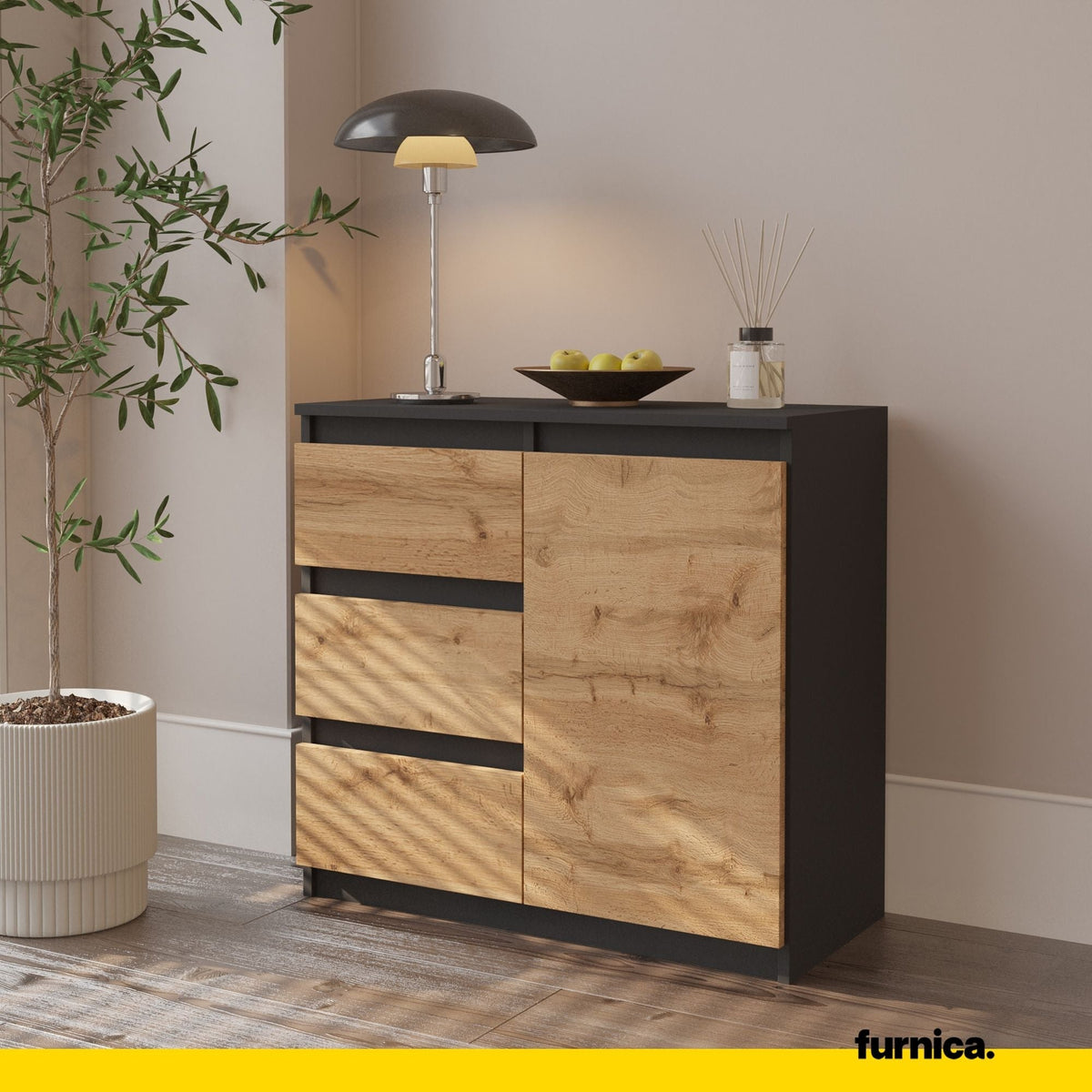 MIKEL - Cómoda de 3 cajones y 1 puerta - Armario de almacenamiento para dormitorio - Aparador - Antracita / Roble Wotan (4)