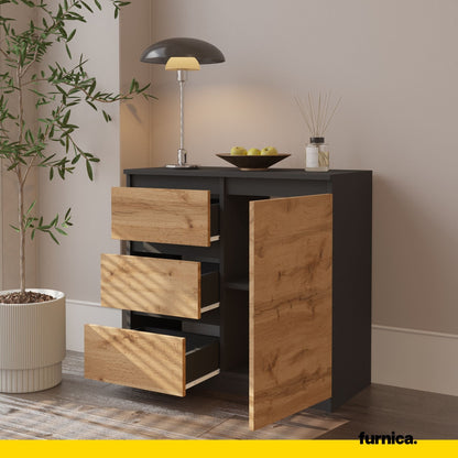 MIKEL - Cómoda de 3 cajones y 1 puerta - Armario de almacenamiento para dormitorio - Aparador - Antracita / Roble Wotan (5)