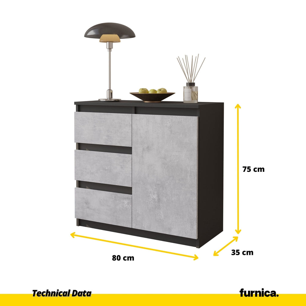 MIKEL - Cómoda de 3 cajones y 1 puerta - Gabinete de almacenamiento para dormitorio - Aparador - Antracita / Hormigón - A75cm A80cm P35cm