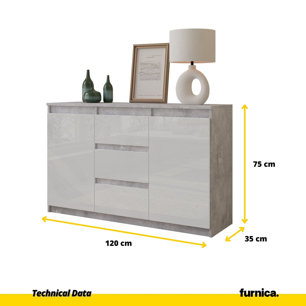 MIKEL - Cómoda de 3 cajones y 2 puertas - Armario de almacenamiento para dormitorio - Aparador - Hormigón / Blanco Brillante - A75cm A120cm P35cm
