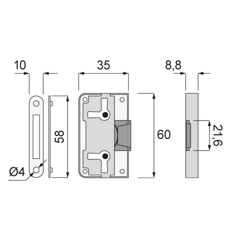 Cerradura de mueble 35x60 mm - Zinc blanco