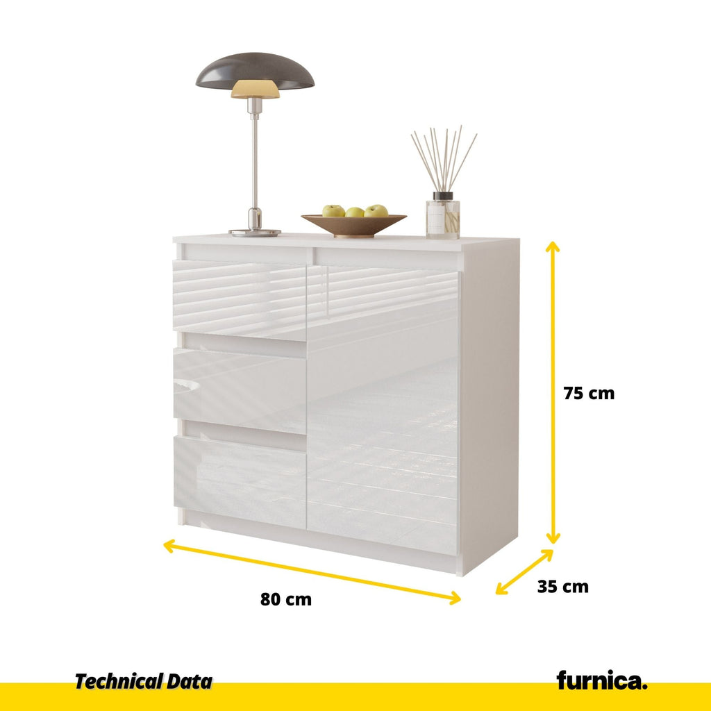 MIKEL - Cómoda de 3 cajones y 1 puerta - Armario de almacenamiento para dormitorio - Blanco Mate / Blanco Brillante - A75cm A80cm P35cm